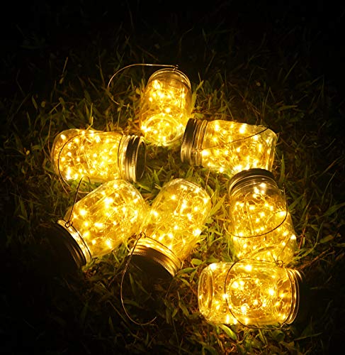 Solar Mason Jar Lid Lights, 8 Pack 30 Led String Fairy Star Firefly Jar Lids Lights,8 Hangers Included(Jars Not Included), Best Mason Jar Decor,Patio Garden Yard Deck Floor Solar Laterns Table Lights