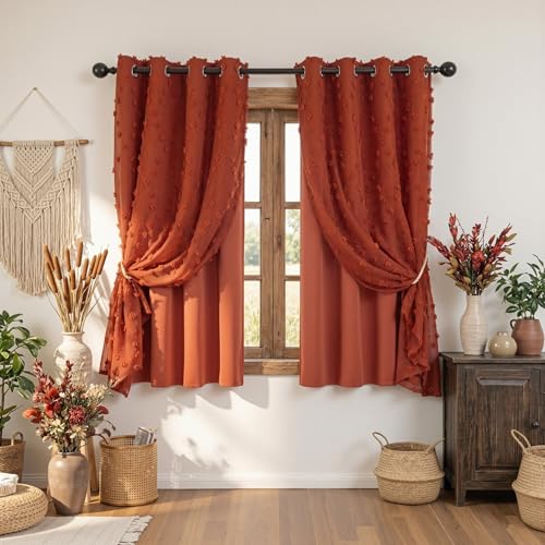 Image of MYSKY HOME Double Layer Boho Curtains for Bedroom 63 Inches Length Long Terracotta Pom Pom Sheer Window Drapes 2 Panels Girls Curtain Room Darkening Grommet Blackout Curtains, W52 X L63