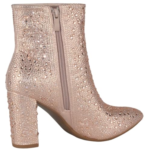 TOP Moda Women Ankle Boots Block High Heels Rhinestone Bling Glitter Short Booties Side Zipper Pointed-Toe Brazil-83