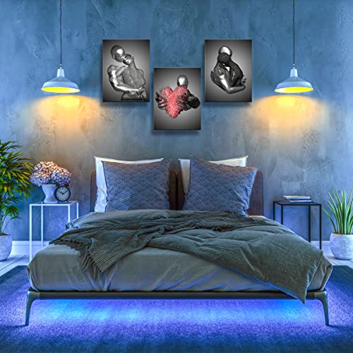 Framed 3 Pcs Love Heart 3D Wall Art Metal Sculpture Romantic Couple Abstract Art Prints Posters Decor Grey Black And White Canvas Printsfor Bedroom Living Room Bathroom Hotel Valentine's Day Ready To Hang12×16 Inch×3 #TOP3