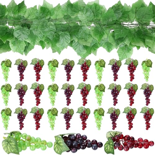 Wavyknot 30 Pack Artificial Fake Grapes with 12 Strands Faux Grape Vines Hanging Plant Leaves Realistic Fruits Decoration for Home Party Garland Wedding Outside Decor