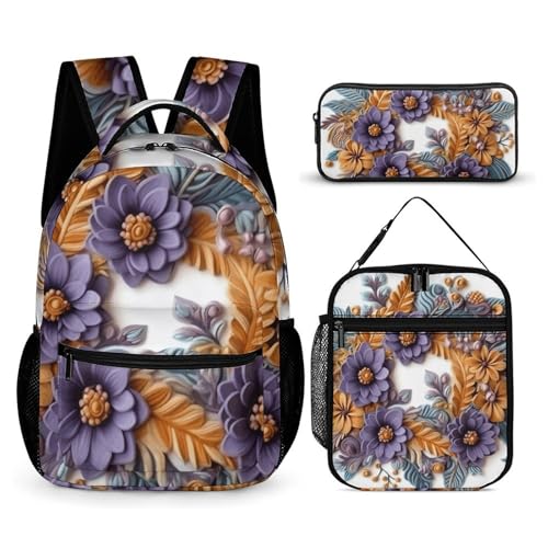 Sac à dos de voyage ergonomique motif fleurs violettes avec 3 pièces