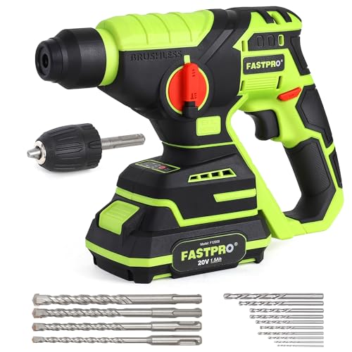 FASTPRO Cordless SDS Plus Rotary Hammer Drill Kit, 20V Brushless Multifunctional Hammer Drill Driver with 1.5Ah Battery, Including 10PCS Drill Bits & 4PCS SDS-Plus Drill Bits
