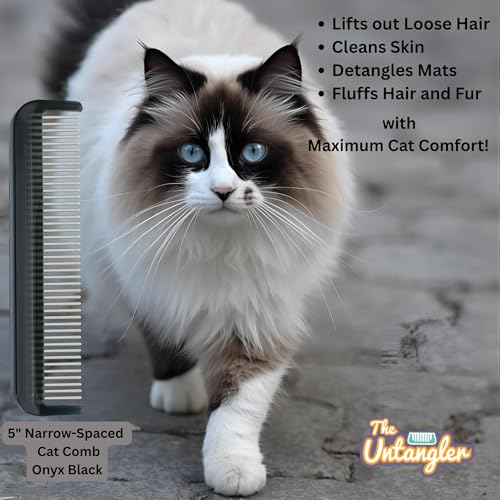 Image of Cat Comb with Silky Smooth Rotating Teeth - Clears Mats Gently and Easily (5 inch Ultra Fine Teeth; 7 inch Dual Teeth) (Black, 5 inch)