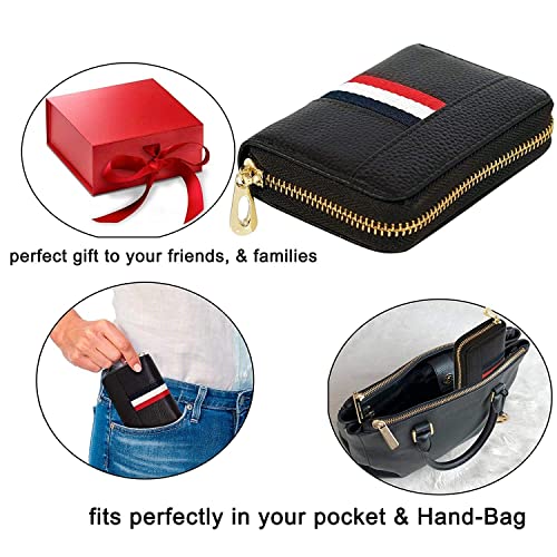 Image of HIGH TRUSTED Smart 12 Card Slots Leather Credit Card Holder, Small Zipper Card Case Wallet for Women & Men (Black)