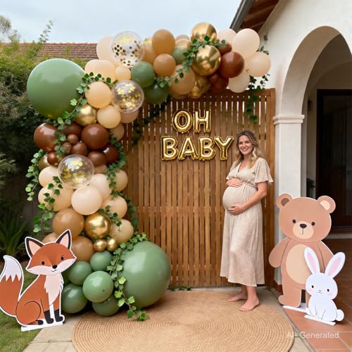 Image of Sage Green Brown Gold Balloons Arch Kit, Latex, Party Decorations | Tan Nude Sand White , Olive Green Beige Gold with Confetti Balloon Garland, for Jungle Safari Woodland Birthday Wedding Decor