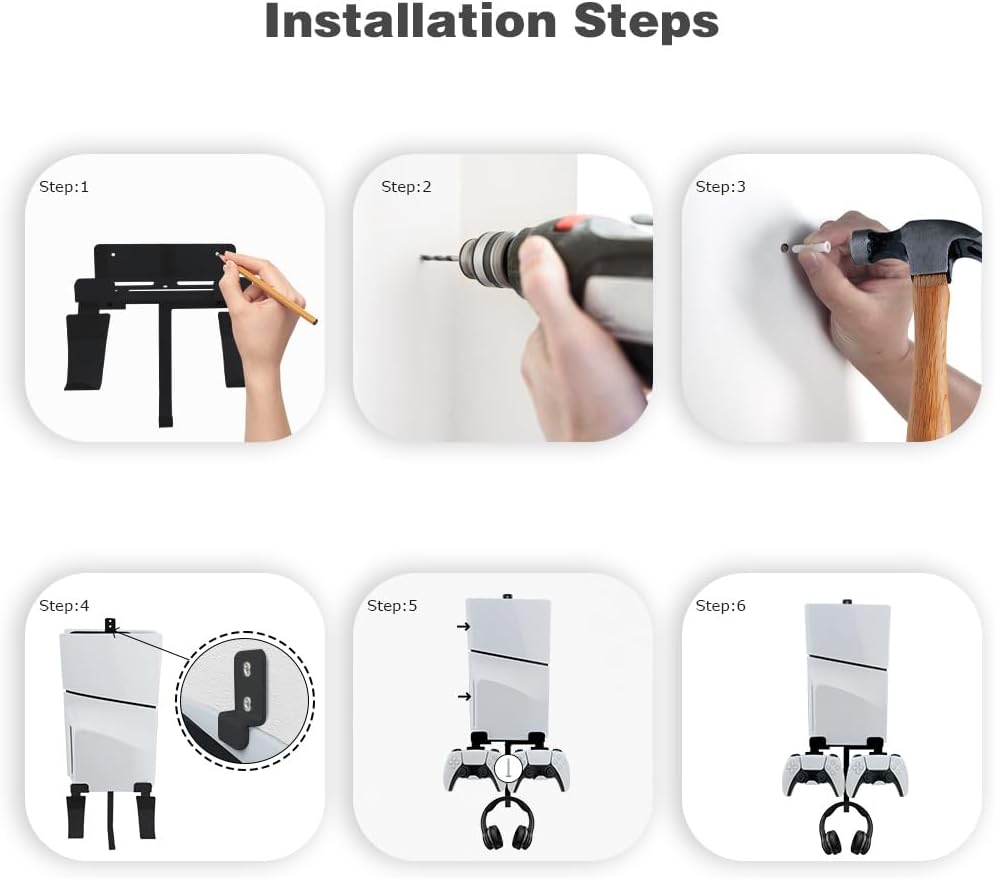 Wall Mount for PS5 Slim Console, Aluminum PS5 Slim Disc/Digital Console Wall Shelf Mount with Controller & Headphone Holder - Black - Image 7