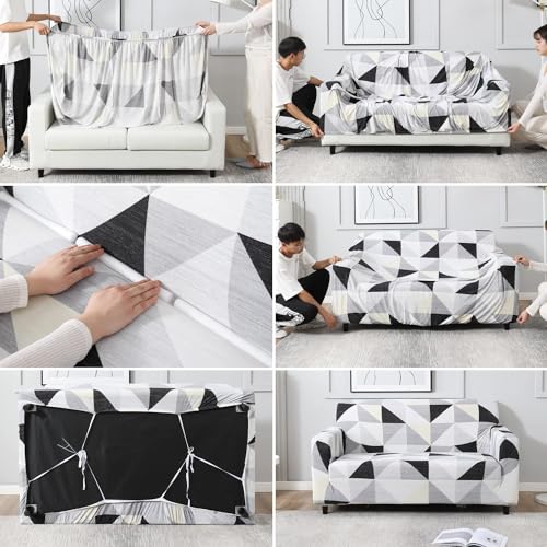Image of HOKIPO Stretchable Elastic Couch Cover 1 Seater, Black Grey Geometric (NEW-AR-4093-D6)