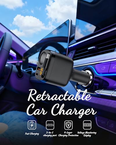 Cargador de coche de 78W multipuerto triple con cable USB C retráctil integrado 2