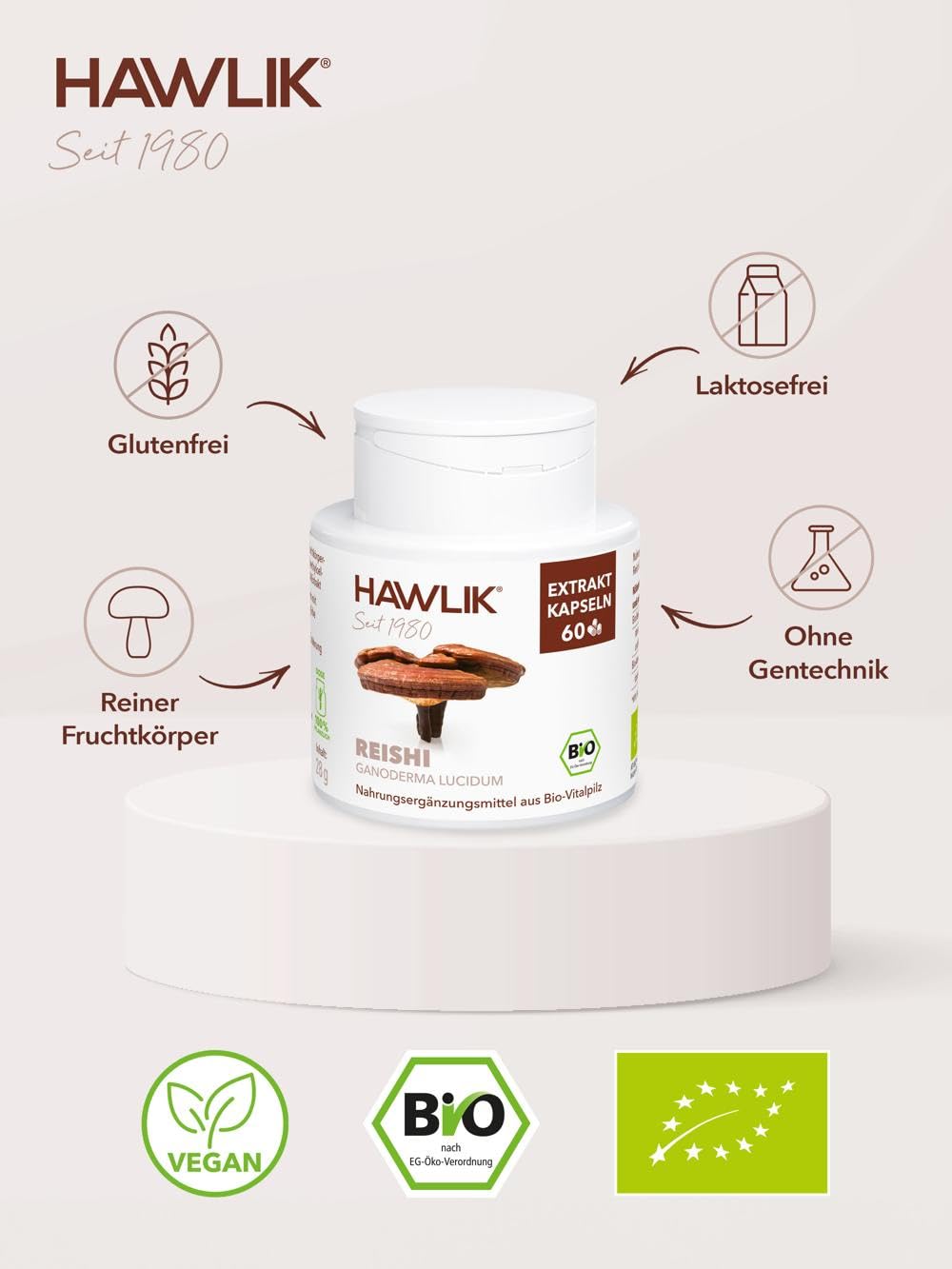 HAWLIK Vitalpilze Bio Reishi Extrakt Kapseln - 60 Kapseln - Mit Vitamin C - Immunsystem - Natürlicher Anbau - Vegan - Zuckerrohr-Dose