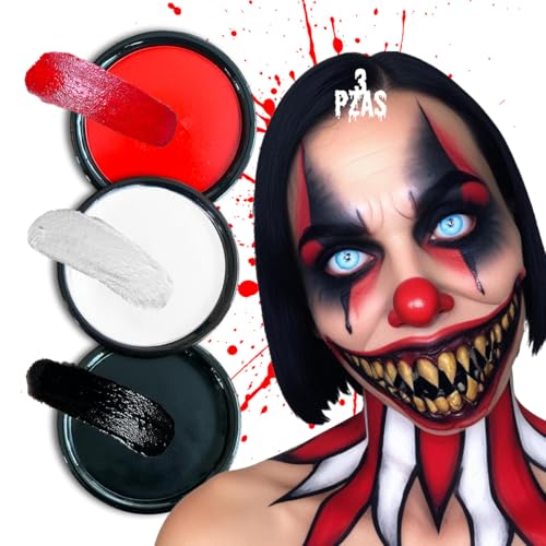 Base Maquillaje Facial Pintura Blanco Negro Rojo Pintacarita para Día de Muertos Halloween Base Cremosa 4.8gr 3pzas Grupo Carnavallia