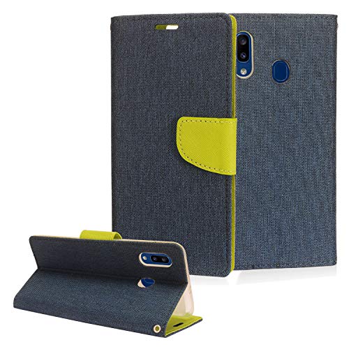 Compatible with Samsung Galaxy A20 SM-A205 - Denim Fabric Flip Wallet Phone Case - CT5 Green/Dark Blue