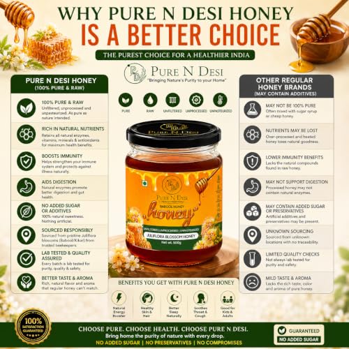 Image of PURE N DESI Raw Juliflora Honey 500g | Unprocessed Babool Honey Glass Jar | Raw Juliflora (Babool) Honey | Unprocessed | No Added Sugar | Wild Forest Honey | 500g Glass Jar