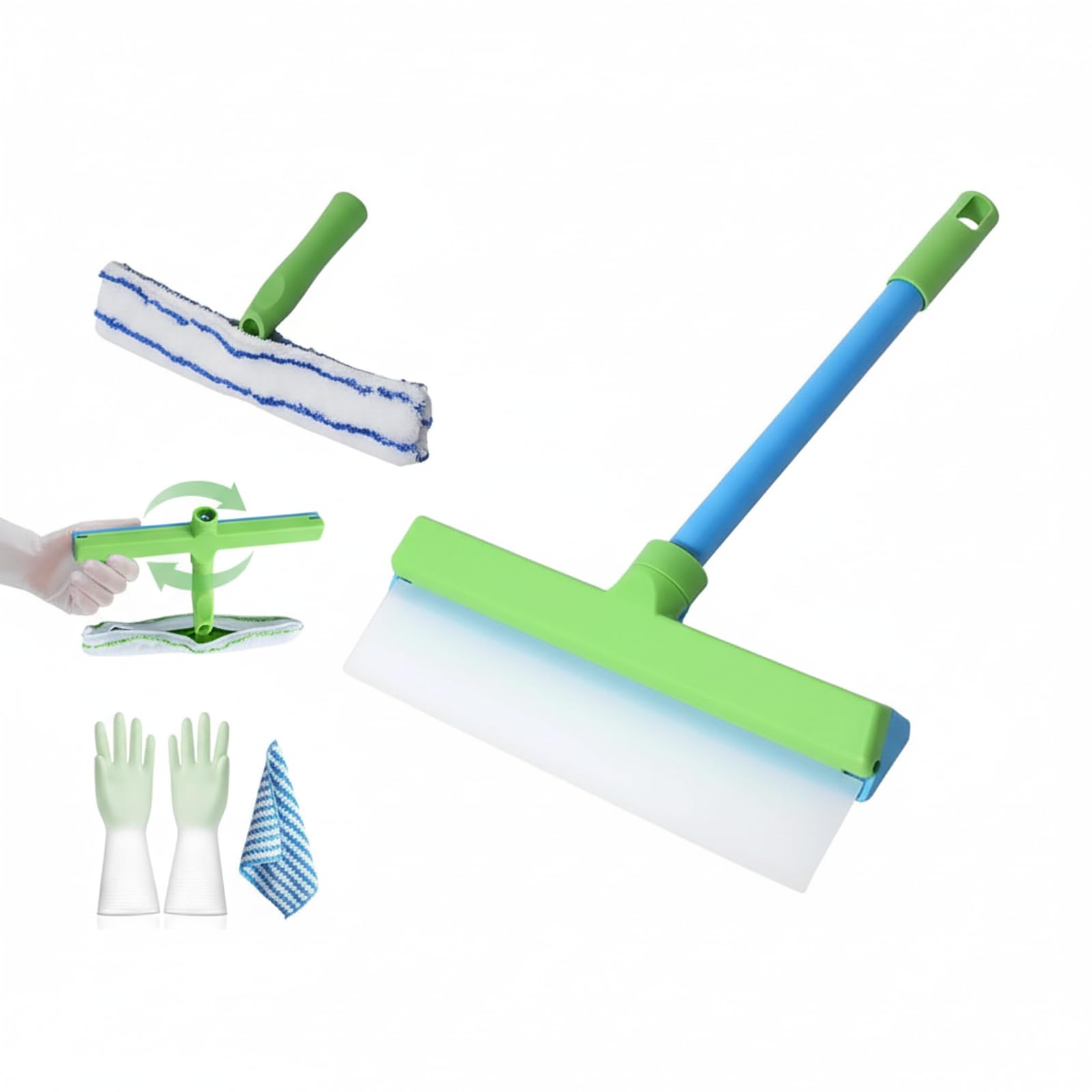 Aqua Blade Window Squeegee, 3 In 1 Recyclable Silicone Wiper with Microfiber Scrubber, Rotatable Cleaning Tool for Shower Glass, Mirror, Car, Blue, 200g