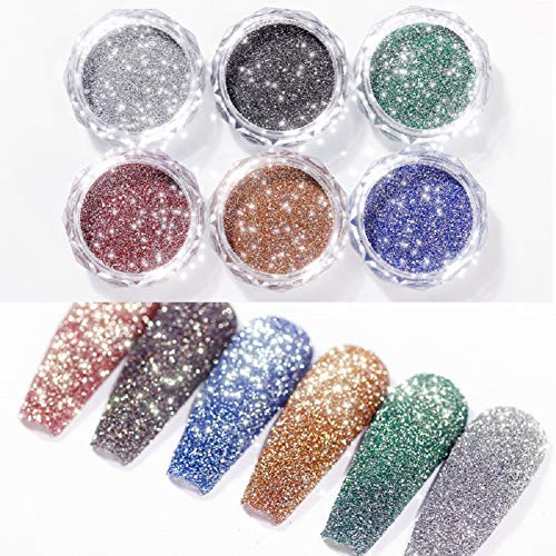 Nagelpulver Set, KARLOR Nagelpuder glitzer, 6 Boxen Diamantpulver Golden Light Mix Größe Nail Art Glitter Puder… – Bild 3
