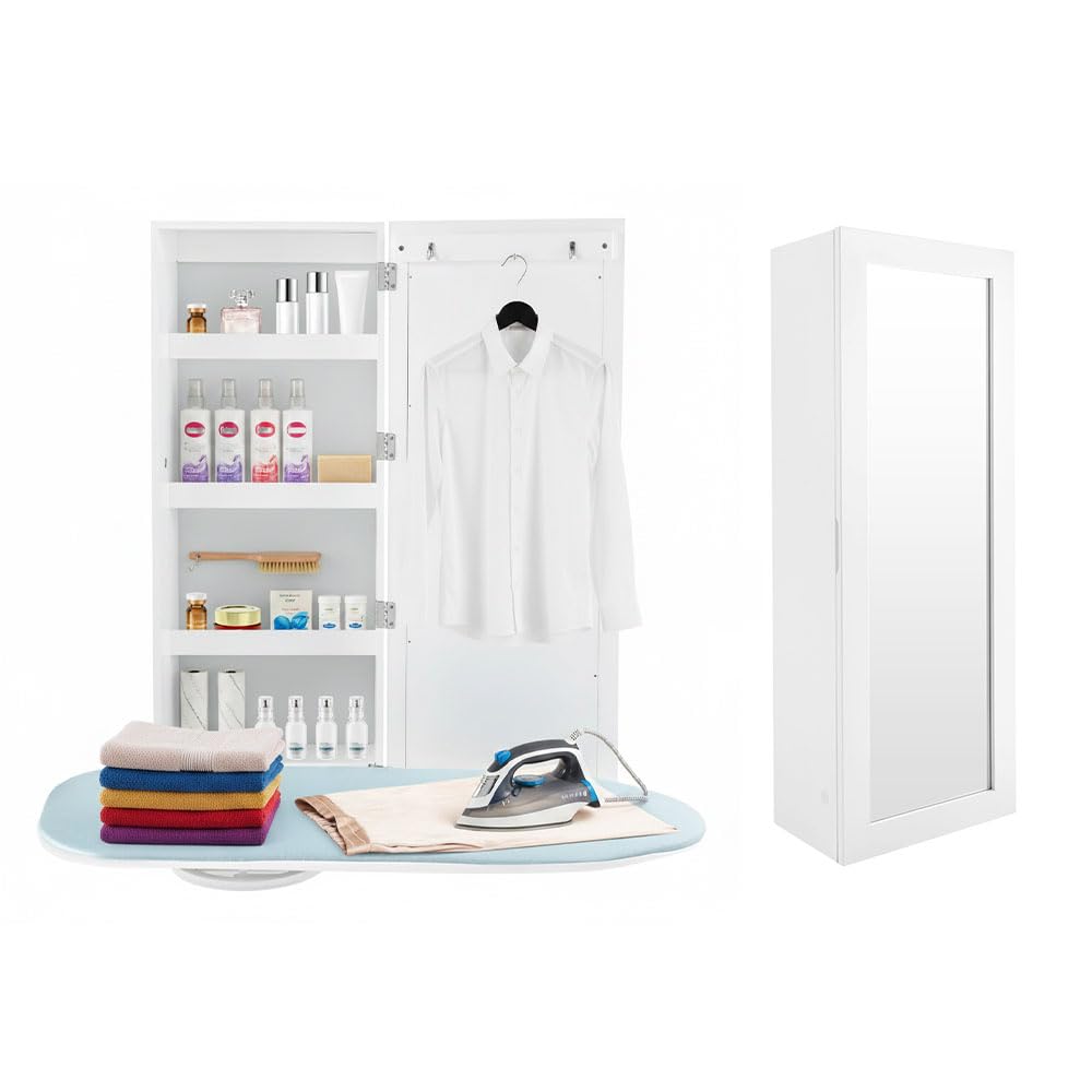 Tabla de planchar, armario plegable con espejo y tabla de planchar giratoria de 180°, mesa de planchar con espacio de almacenamiento, para apartamento, casa, hotel, color blanco