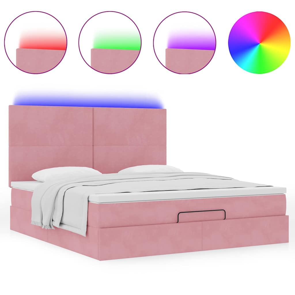 Cama otomana rosa de terciopelo 180 x 200 cm, con colchón de muelles ensacados LED y gran espacio de almacenamiento para jóvenes y habitaciones de invitados