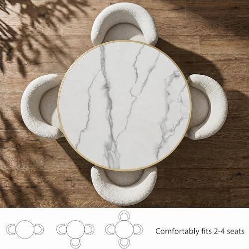 Image of 31.5 inchTulip Table, Sintered Stone Small Round Dining Tables&Metal Edge&Base | Small Modern Circle Dining Table for 2-4 Person ,Bistro Tables for Dining Room /Kitchen /Restaurants /Small Spaces /Marble White