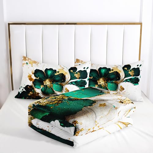 Image of AILONEN Marble Bedding Set Twin Size,Gold Green Floral Comforter Set,Marble Comforter Sets for Kids Girls,Luxury Lightweight Duvet Set 3 Pieces,1 Quilt and 2 Pillowcases