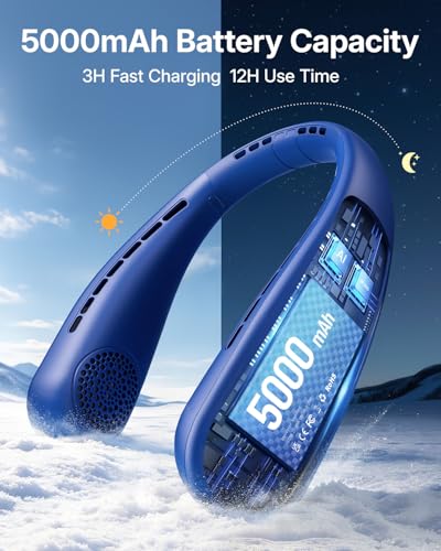 SHEWIND Portable Neck Fan - Hands Free Personal Fan, Rechargeable Bladeless Fan with 5000mAh-Battery, Digital Display, 4 Speeds, Birthday Gifts for Men, Women, Mom, and Dad - Blue