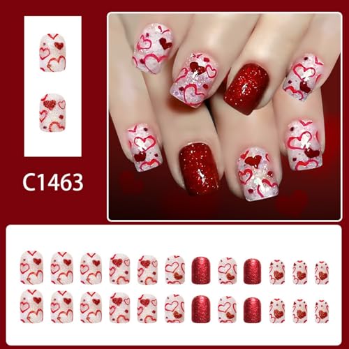 Image of Red Glitter Press on Nails Heart Fake Nails with Design Short Square Glue on Nail Glossy Full Cover Valenmtine's Day Stick on Nail for Women Manicure 24Pcs