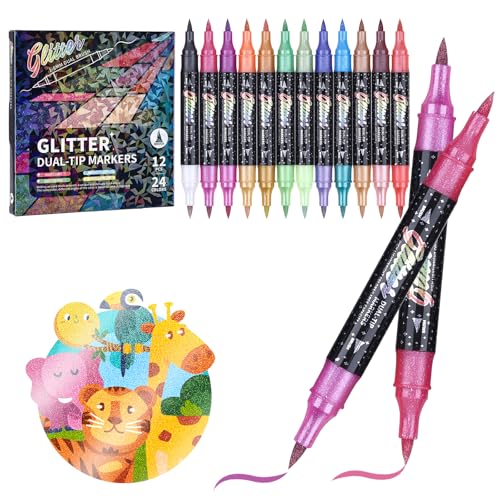 KEMYR Glitzerstifte Set 24 Farben Doppelspitzen Glitzer filzstifte 12er Pack Metallische Glitzer Marker für Karten DIYHandwerk Doodling Schreiben ErwachseneMalbücher Kunstmaterialien Scrapbooking