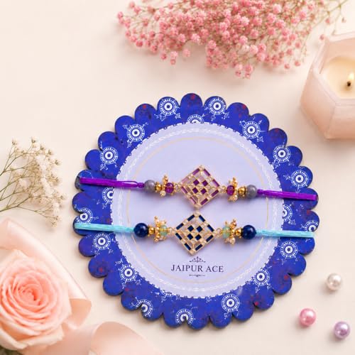 Image of Jaipur Ace Rakhi Gift Hamper for Bhaiya Bhabhi with Silver Plated Bowl Set, Pooja Thali, 2 Designer Rakhis, Roli Chawal, Raksha Bandhan Gift Set for Brother Bhabhi, Premium Rakhi Combo with Red Velvet Box