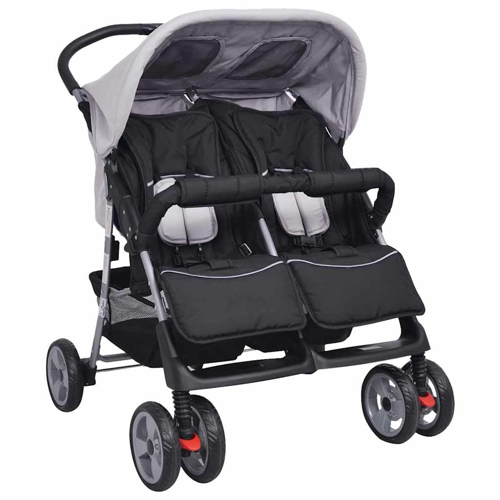 vidaXL Passeggino Gemellare Bambini Regolabile Acciaio Grigio Nero Carrozzina