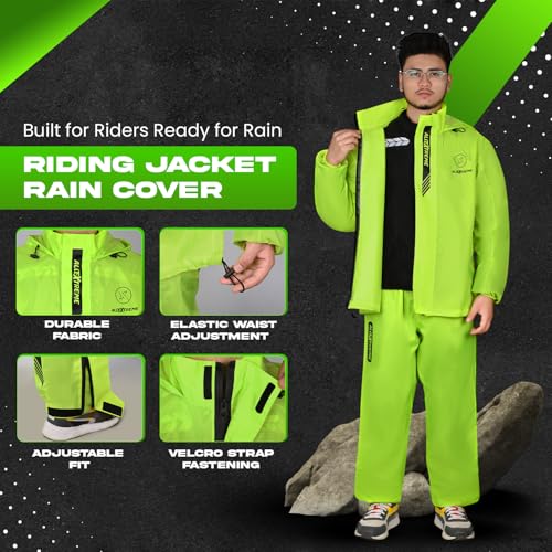 Image of Allextreme Waterproof Riding Jacket Rain Cover Set with Pant & Hood | Lightweight Adjustable Raincoat Top & Bottom Suit for Bike Riders Men & Women | Durable Windproof Rainwear (S, Neon Green)