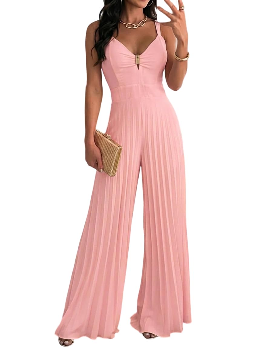 Photo 1 of CHICME Women 2026 Sleeveless Deep V Sling Jumpsuit High Waist Pleated Jumpsuit Casual Beach Party Outfit with Lining-pi-M
