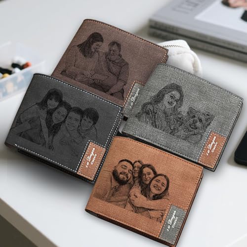 Custom Wallet for Men Personalized Leather Bifold Engraved Photo Picture Name Text Customized Unique Fathers Day Gift for Dad Husband Son Black3