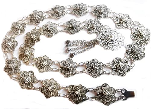 Silver Plated Thai Belts Women Vintage Orchid Plate Metal Dress Costume Traditional Length 41 Inches 1 Piece