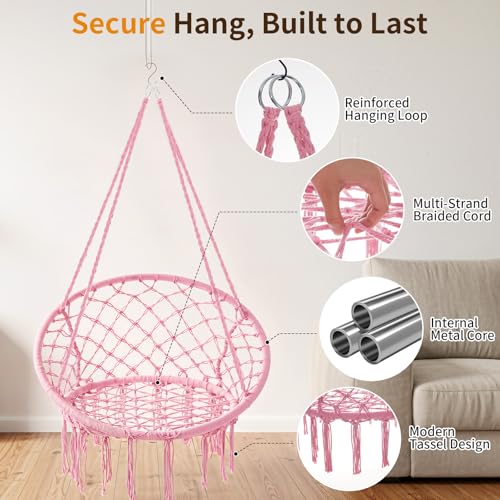 Image of Garpans Hammock Chair Swing Set of 2 Bohemian Style Macrame Hammock with Tassels Hanging Swing Chair Handmade Knitted Cotton Rope for Indoor Outdoor Bedroom Patio Max 330 LBS Pink