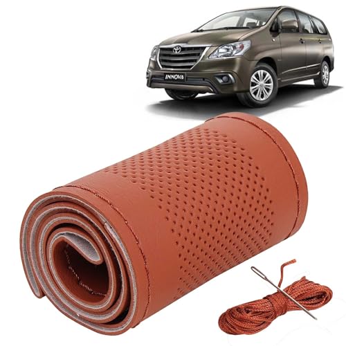 Image of KINGSWAY PU Leatherite Car Steering Cover Sewable Compatible with Toyota Innova (Year 2004-2012), Tan Color with Tan Thread, Pack of 1 with Sewing Needle and Thread
