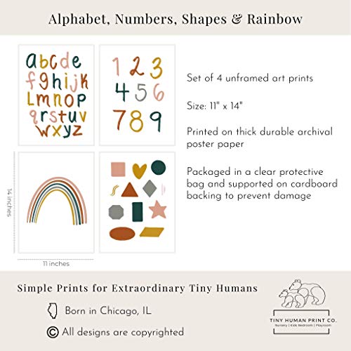 Tiny Human Print Co. Alphabet Wall Art Set Of 4 (11X14) | Alphabet, Numbers, Shapes & Rainbow Wall Art | Retro Colors | Kids Playroom, Baby Nursery Room, Or Child's Bedroom #TOP4