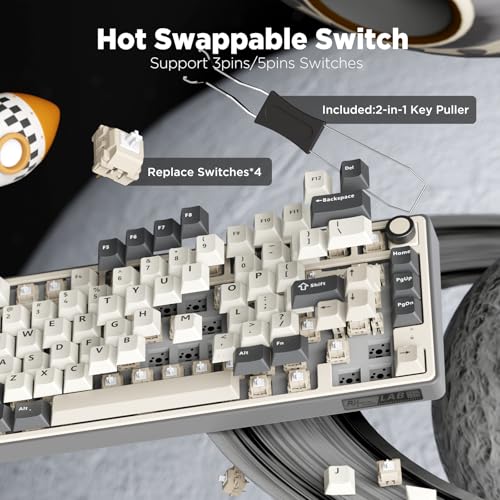 Image of RK ROYAL KLUDGE R75 Wireless Mechanical Keyboard, 75% Percent Custom Gaming Keyboard Gasket Mount RGB Backlit with Knob & PBT Keycaps, BT5.1 /2.4GHz /USB-C, Hot Swappable Cream Switch, White