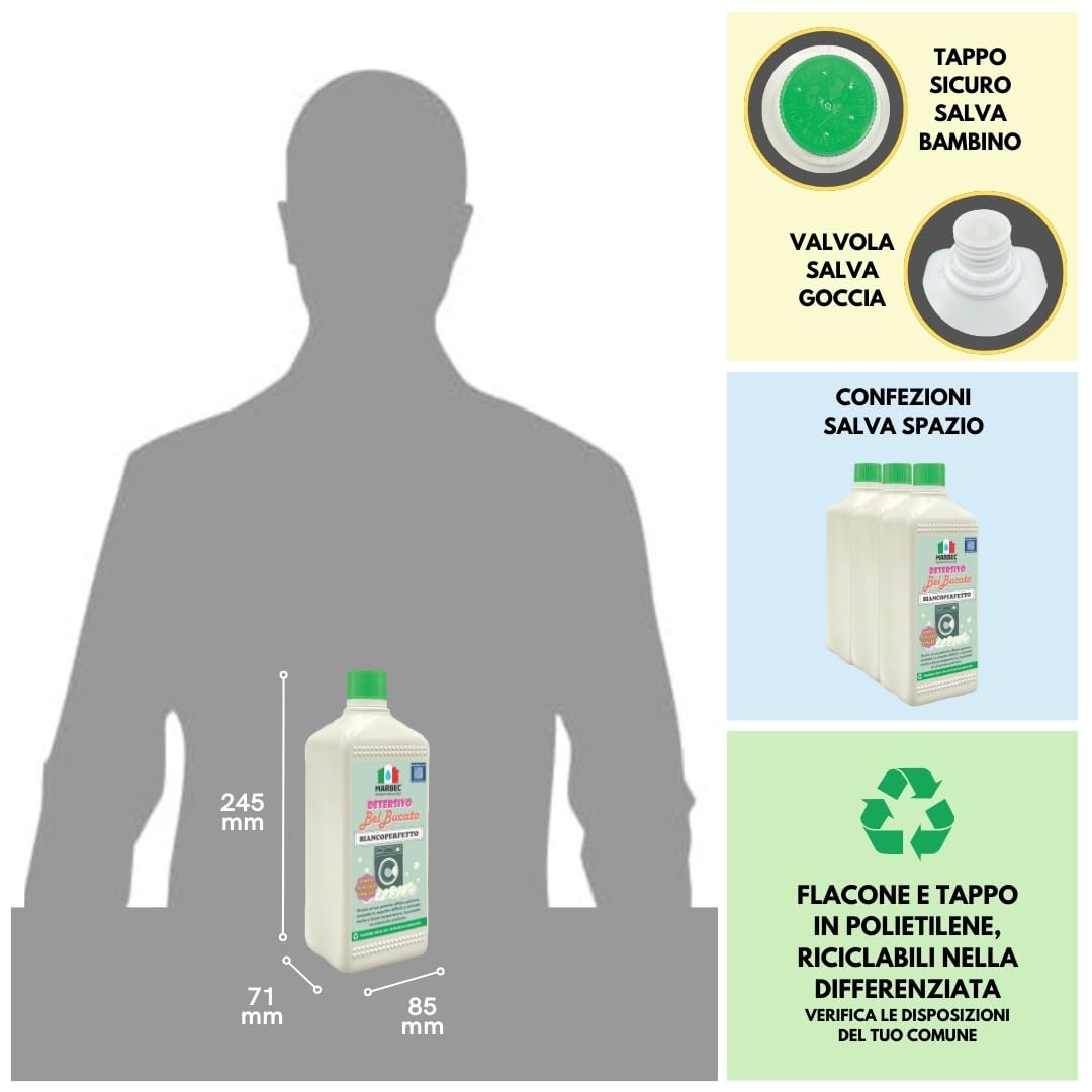 MARBEC DETERSIVO BelBucato BiancoPerfetto 1LTx6PZ Detersivo liquido concentrato per bucato a mano e in lavatrice, specifico per il lavaggio di capi bianchi