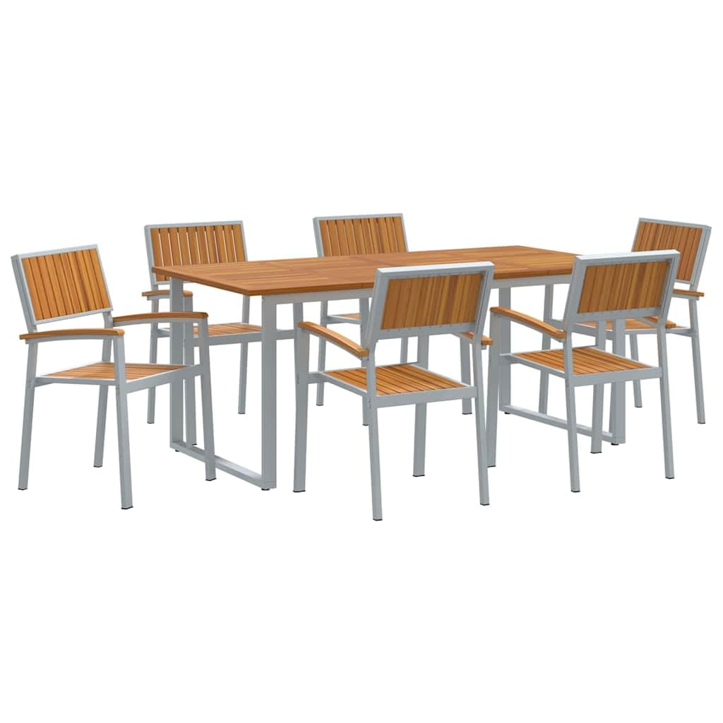 Lot de 7 tables de jardin en acacia + acier résistant aux intempéries, moderne, pliable, extensible, pour jardin, terrasse et balcon 180 x 90 x 75 cm
