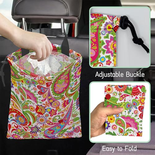 Image of Colorful Paisley Car Garbage Bag,Ethnic Floral Waterproof Small Car Trash Bag Hanging Back of Seat,Drawstring Hanging Car Trash Bag with Adjustable Buckle for Car Accessories