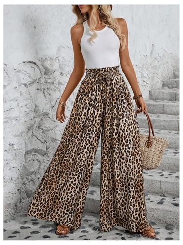 Verdusa Women's Wide Leg Dressy Pants Leopard Print Paperbag Waist Palazzo Pants with Pocket Casual Summer Outfits4