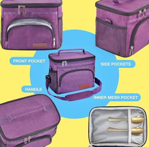 Image of ExtraCharm Insulated Lunch Bag for Women /Men - Reusable Lunch Box for Office Picnic Hiking Beach - Leakproof Cooler Tote Bag Organizer with Adjustable Shoulder Strap for Adults - Purple