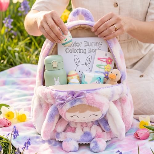 Image of Gloveleya Back to School Gifts for Girls Backpack Plush Diaper Bag Detachabale Doll Tie-dye Purple and Soft Rabbit Design Aged 2+