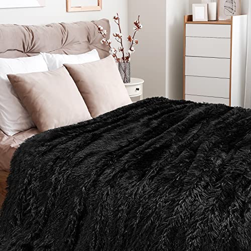 Toonow Extra Soft Fuzzy Faux Fur Blanket Twin Size 70"X78", Reversible Lightweight Plush Fuzzy Cozy Soft Blankets And Throws For Couch Sofa Bed, Decorative Fluffy Plush Comfy Blanket, Black #TOP4