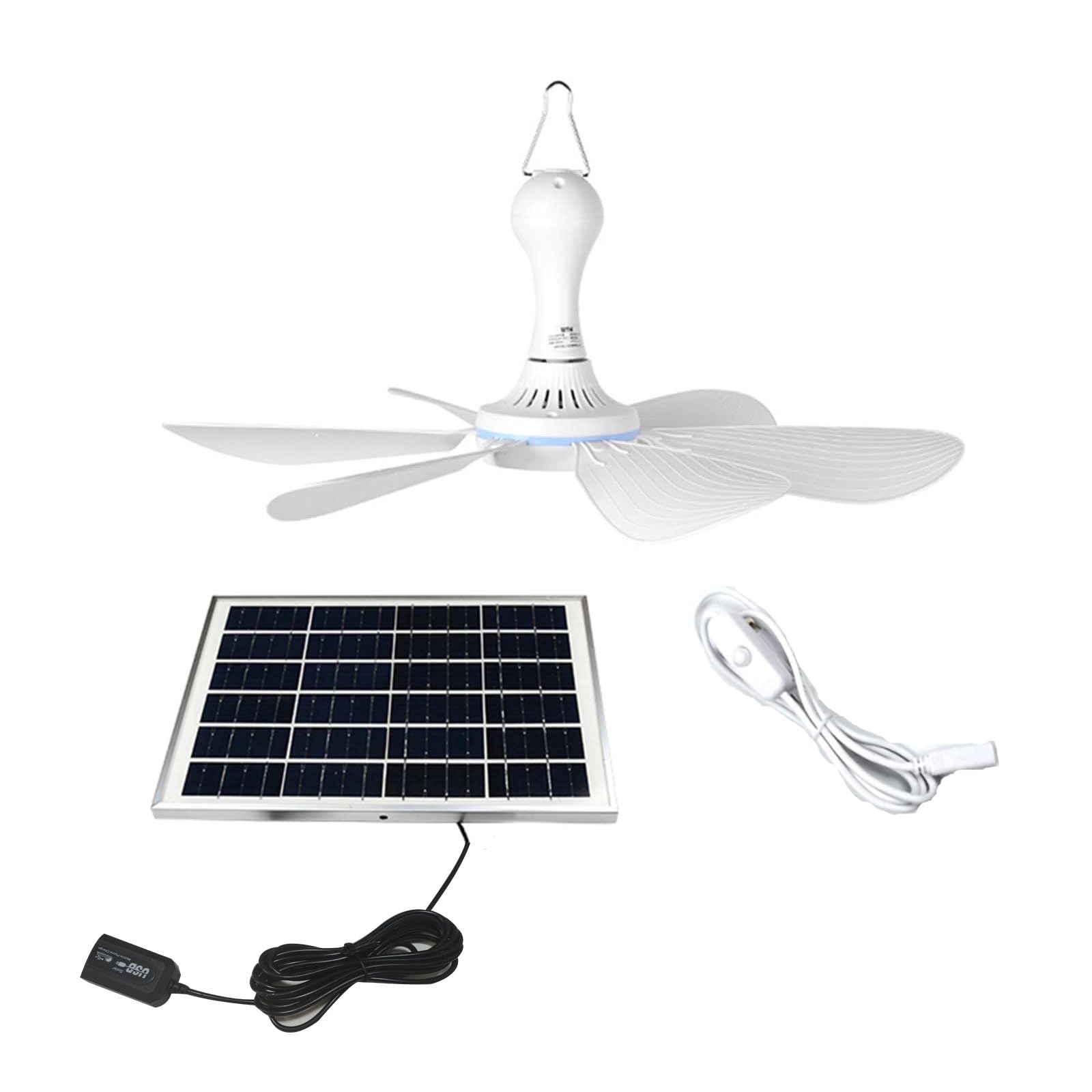 Panneau Solaire 5/6/10W 6V avec Câble de 3 Meter Ventilateur D'extérieur Compact pour Plafond avec Câble de 1,7 Meter 6 Pales Enfichables Faible Bruit avec Crochet