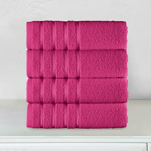Image of Elegant Comfort 100% Turkish Cotton 4 Lines Viscose Stripe Luxury 4 Pack Hand Towel Set - Ultra Absorbent and Soft 16 x 28 Inch Premium Hotel Spa Quality Towels for Everyday Bath Use, Hot Pink