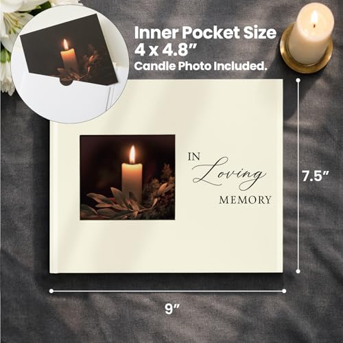 Image of Funeral Guest Book, in Loving Memory Sign in Book with Photo Slot | 330 Entries, Table Sign Card Included, Gold Stamping, Twill-Textured Paper Cover, Celebration of Life Keepsake, 9x7.5 inch, Beige