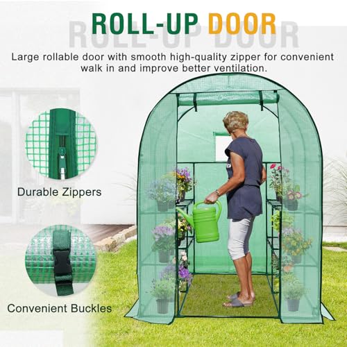 Image of EAGLE PEAK 3-Tier Walk in Portable Greenhouse with 8 Wire Shelves, Indoor and Outdoor Garden House with Roll Up Zipper Door and Windows, Easy Set Up, 56.3 inchx56.3 inchx76.8 inch, Clear /Green PE Cover