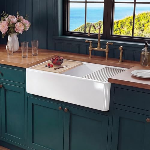 Miuara Farmhouse Workstation Sink 30 Inch for Kitchen - White Apron Front Fireclay Kitchen Sink Reversible 30'x20'x10', Farm House Style Heavy Duty Deep Single Bowl