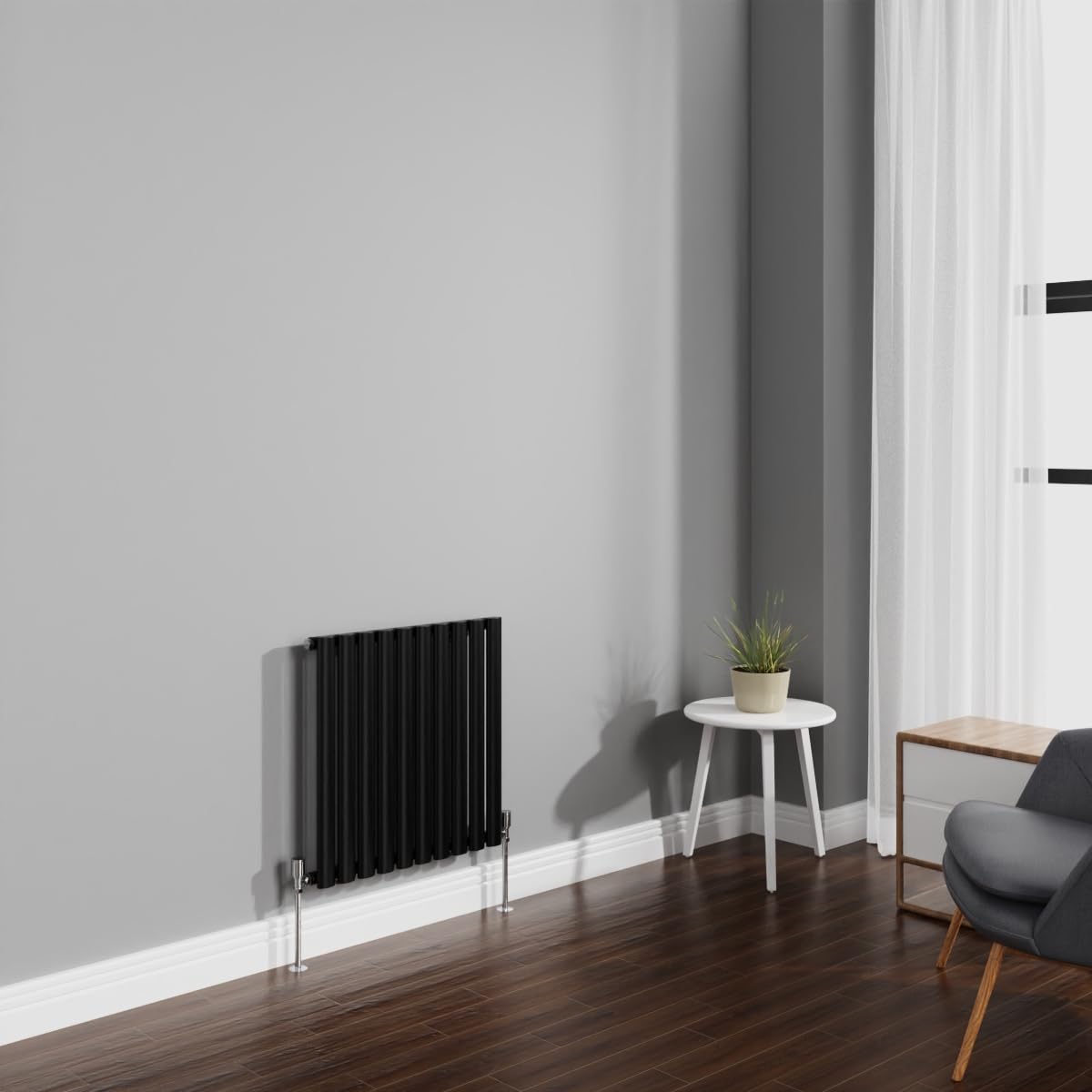 NRG 600x590mm Black Radiator Horizontal Oval Panel Bathroom Designer Single Rad Central Heating