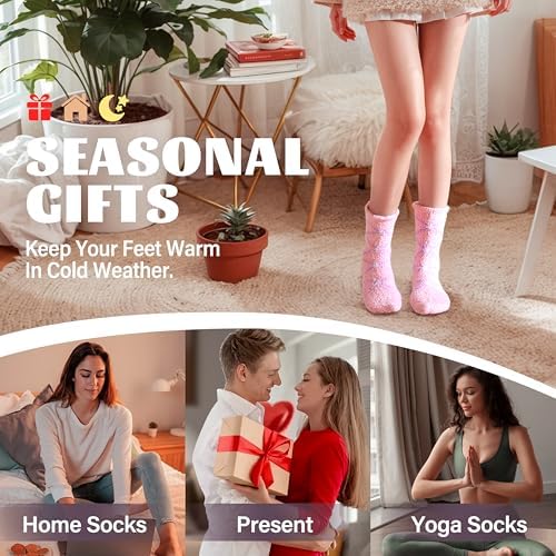 ANTSANG Womens Fuzzy Socks Slipper Winter Fluffy Comfy Cozy Socks Cabin Warm Home Socks, Color Purple Pink(6 Pairs), One size